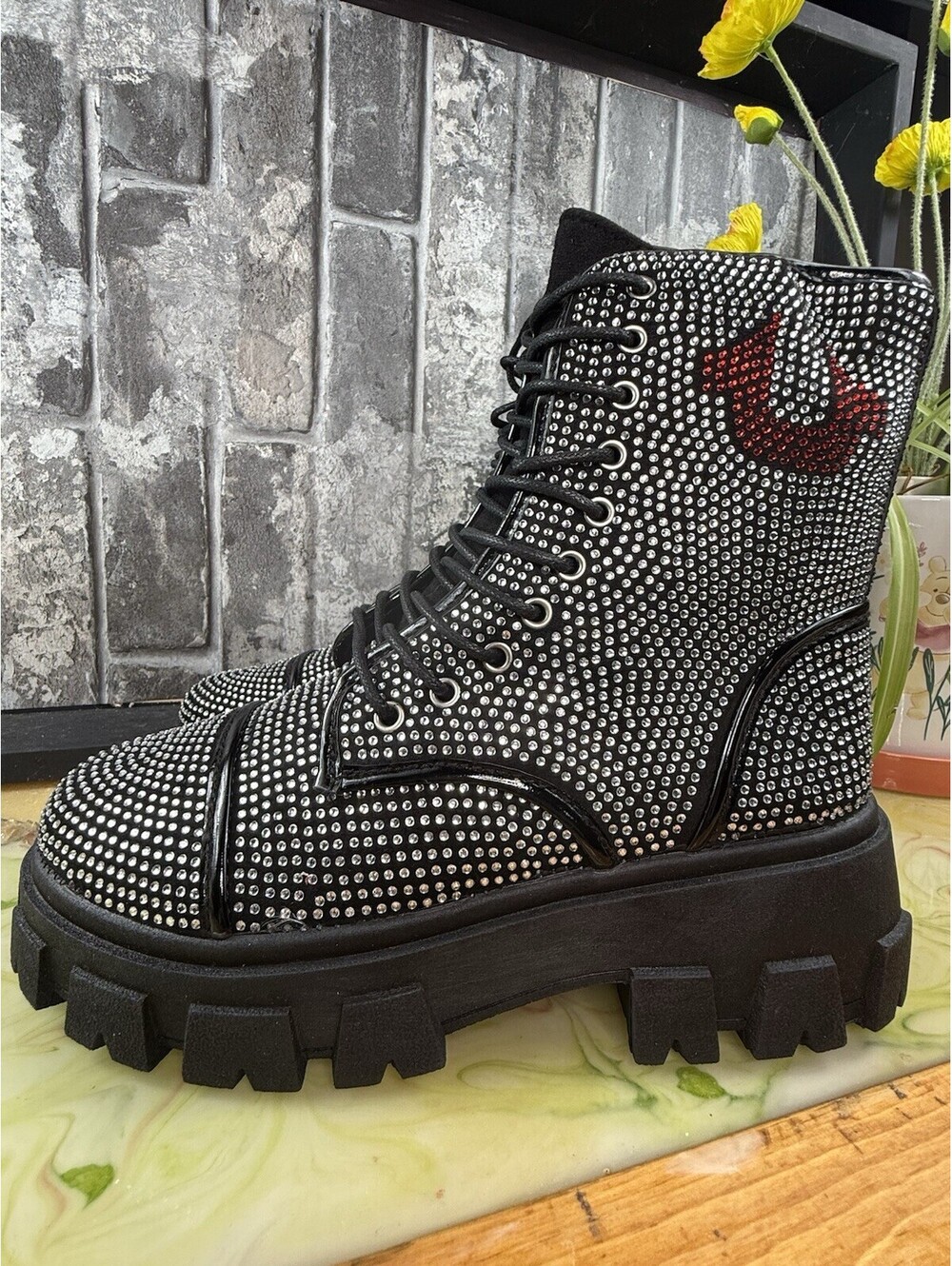 True Religion GEE Studded Combat Ankle Boots Lace-Up Zip Platform Logo 7 - Picture 14 of 15